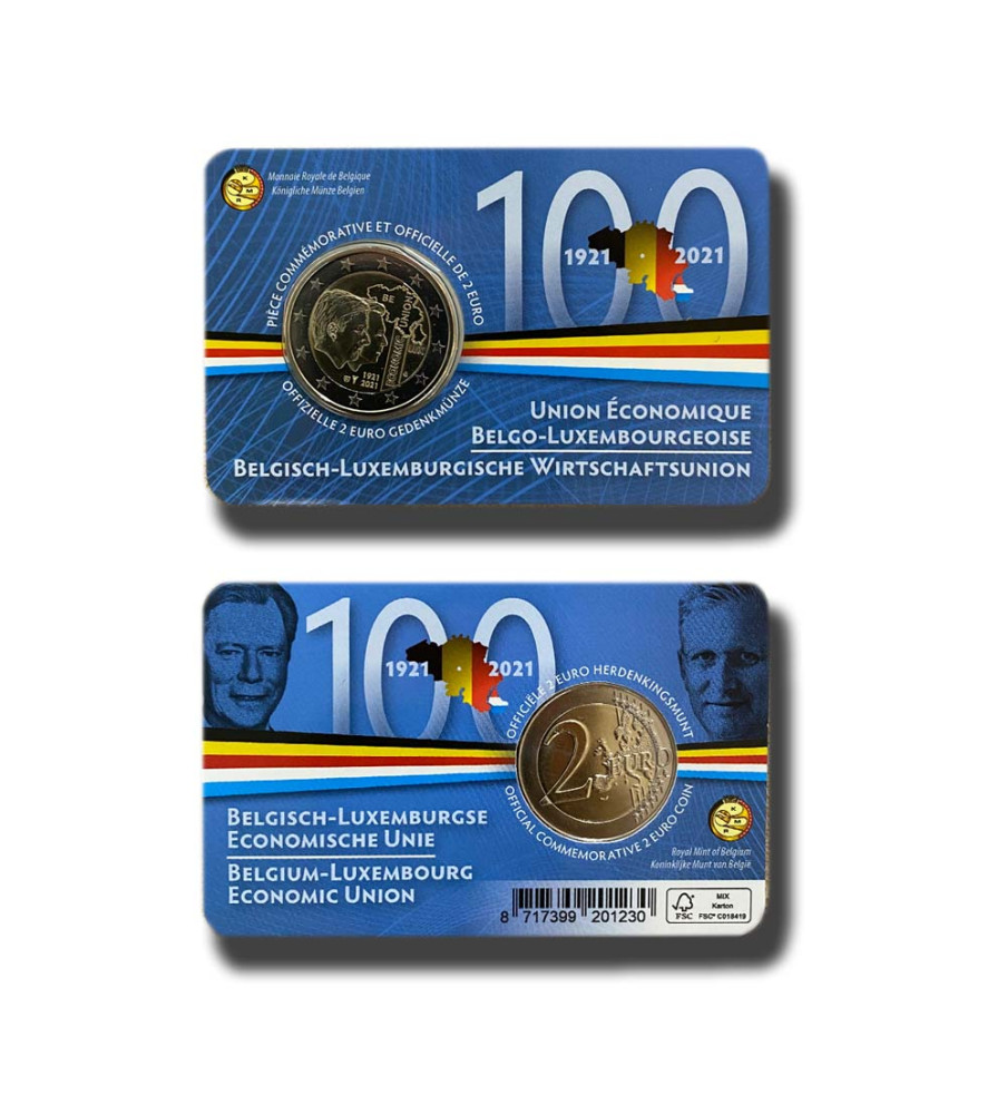 2021 Belgium 100 Years of Economic Union Belgium-Luxembourg (BLEU) 2 Euro Commemorative Coin Card