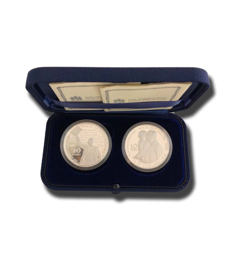 2014 Malta Silver Coin Set of 2 Independence and Republic With Box Certificate