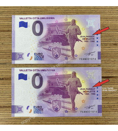 0 Euro Souvenir Banknote Valletta Citta Umilissima ERROR Malta FEAN 2021-1