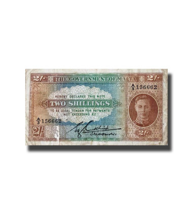 Malta Banknote #20 Two Shillings E. Cuschieri Treasurer Fine