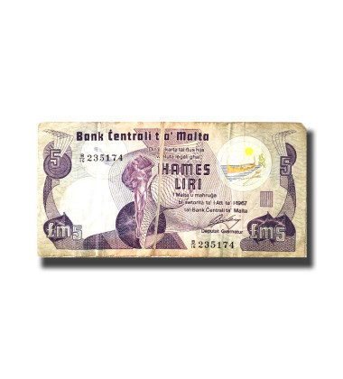 MALTA BANKNOTE No.40 5 LIRI 3RD SERIES L. SPITERI - ERROR