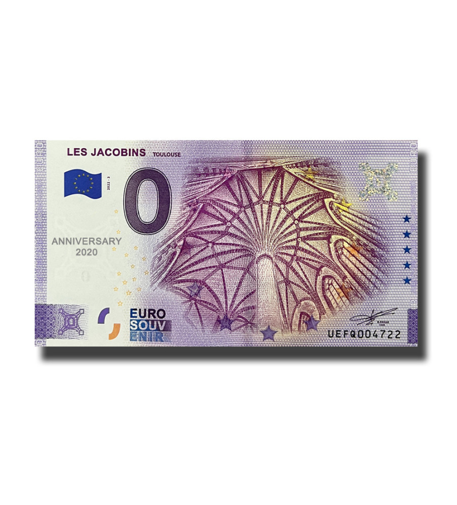 Anniversary 0 Euro Souvenir Banknote Les Jacobins Toulouse France UEFQ 2022-3