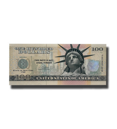 US $100 Souvenir Banknote  Statue of Liberty 1886 Excelsior State of New York US NY 1788 Uncirculated