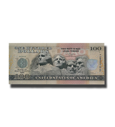 US $100 Souvenir Banknote  Mount Rushmore Under God the People Rule State of South Dakota US SD 1889 Uncirculated