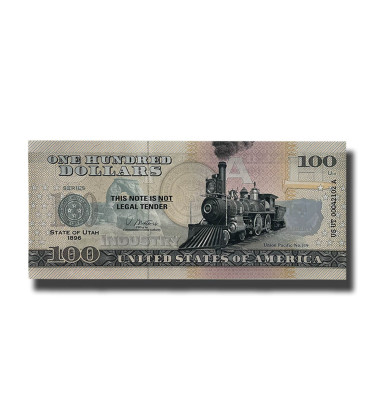 US $100 Souvenir Banknote  Union Pacific No.119 Industry State of Utah US UT 1896 Uncirculated