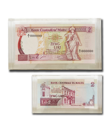 1989 Malta Lm2 Banknote UNC in perspex A/1 000000 Signed Anthony P. Galdes P-41 RARE