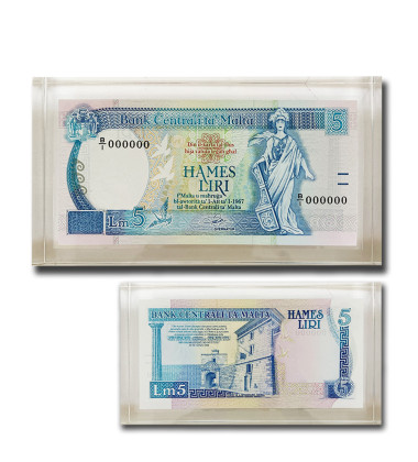 Malta Lm5 Banknote UNC in perspex B/1 000000 Signed Anthony P. Galdes P-42 RARE