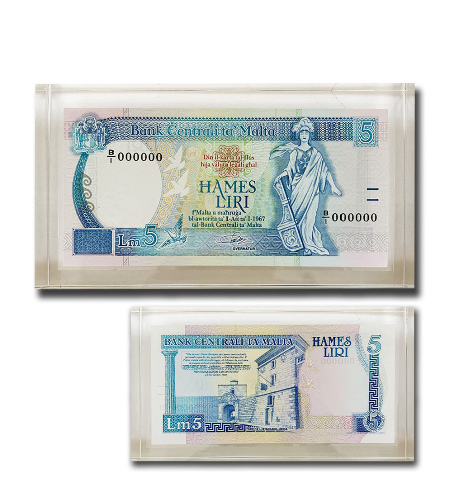 1989 Malta Lm5 Banknote UNC in perspex B/1 000000 Signed Anthony P. Galdes P-42 RARE