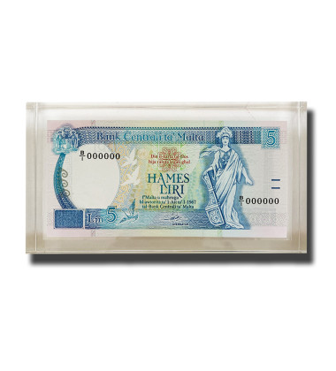 Malta Lm5 Banknote UNC in perspex B/1 000000 Signed Anthony P. Galdes P-42 RARE