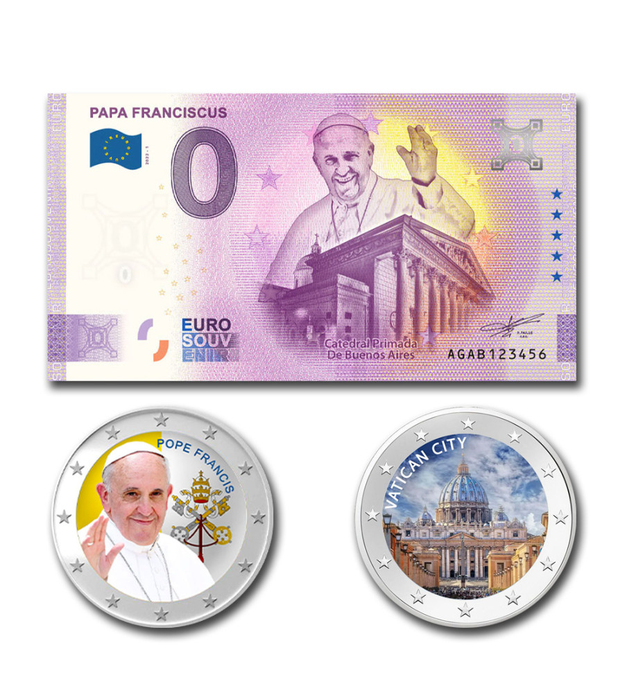 Papa Franciscus Vaticano Euro Colour Coins & Souvenir Banknote AGAB - Set of 3