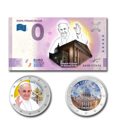 Papa Franciscus and Vatican Euro Colour Coins & Souvenir Banknote Colour AGAB - Set of 3