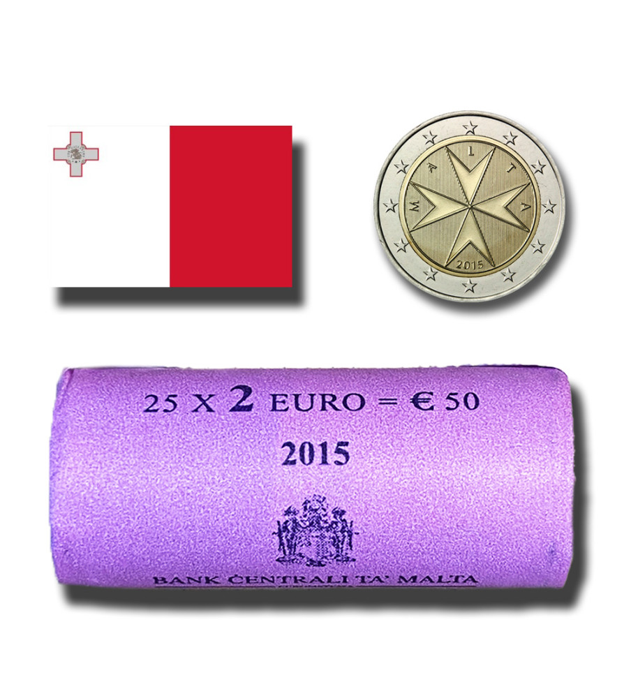 2015 Malta €2 Maltese 8 Pointed Cross Uncirculated Coin Roll