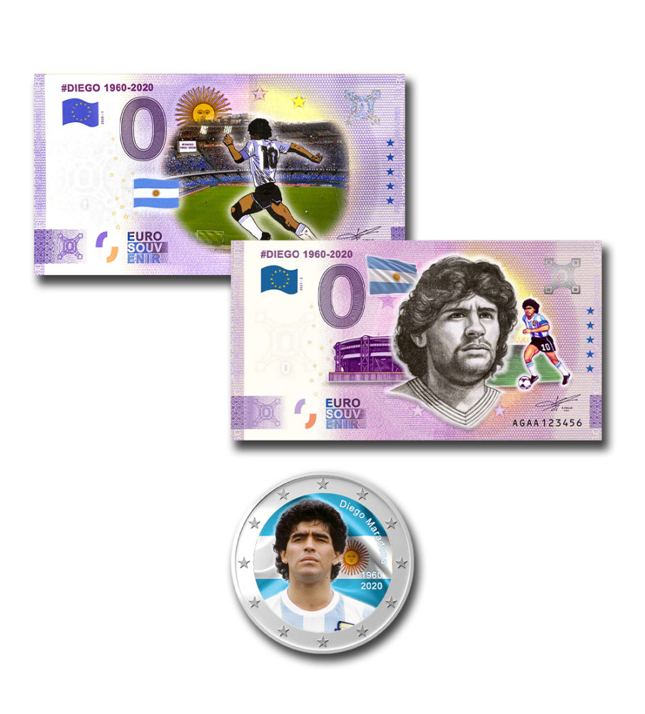 Diego Maradona Euro Colour Coin & 2 Souvenir Banknotes Colour AGAA - Set of 3