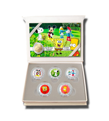 2 Euro Coloured Coin Set of 5 in Presentation Box - Cartoons