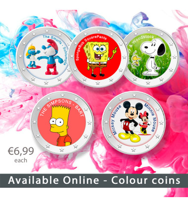 2 Euro Coloured Coin Set of 5 in Presentation Box - Cartoons