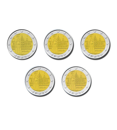 2010 Germany A D F G J Bremen 2 Euro Coin Set of 5