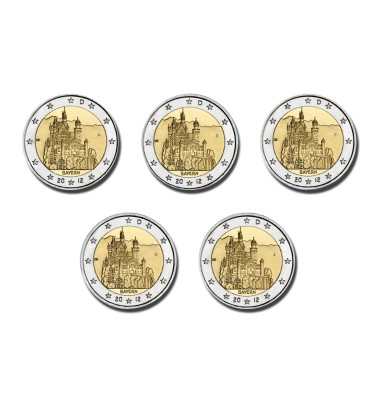 2012 Germany A D F G J Bayern Neuschwanstein Castle 2 Euro Coin Set of 5