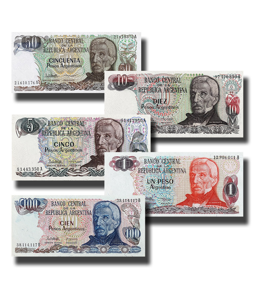 1984 Argentina 1 - 100 Pesos Gral San Martin - Set of 5 Banknotes Uncirculated