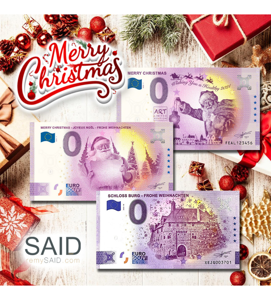 0 Euro Souvenir Banknote Thematic Merry Christmas - Set of 3 Classic Banknotes