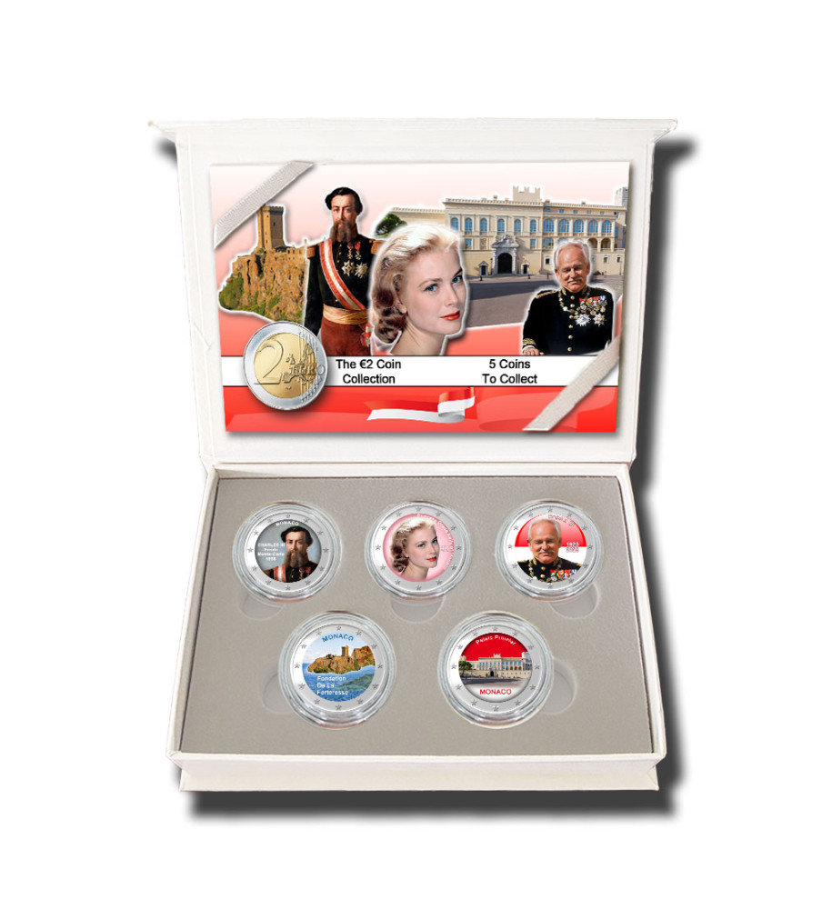 2 Euro Coloured Coin Set of 5 in Presentation Box - Monaco