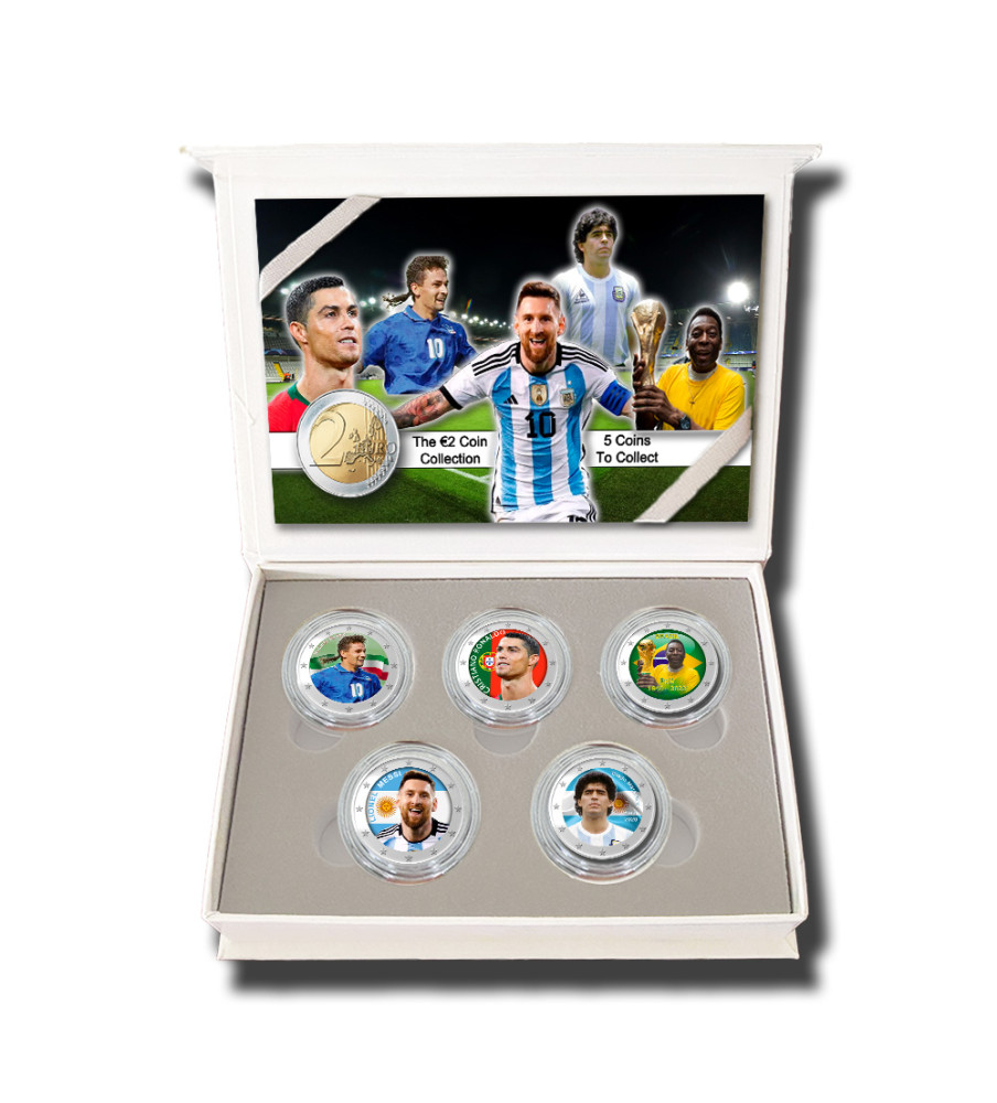 2 Euro Coloured Coin Set of 5 in Presentation Box - Football Stars