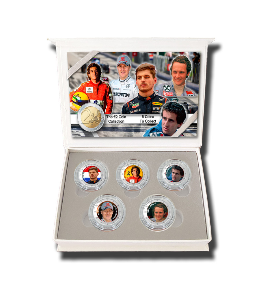 2 Euro Coloured Coin Set of 5 in Presentation Box - Formula1 Racing Driver Stars