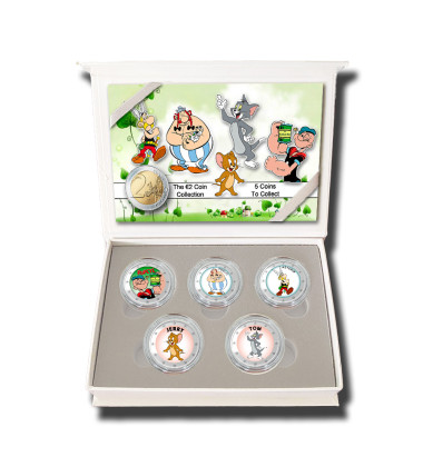 2 Euro Coloured Coin Set of 5 in Presentation Box - Cartoons 2