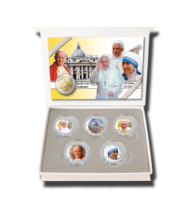 2 Euro Coloured Coin Set of 5 in Presentation Box - Vaticano Popes and Mother Teresa