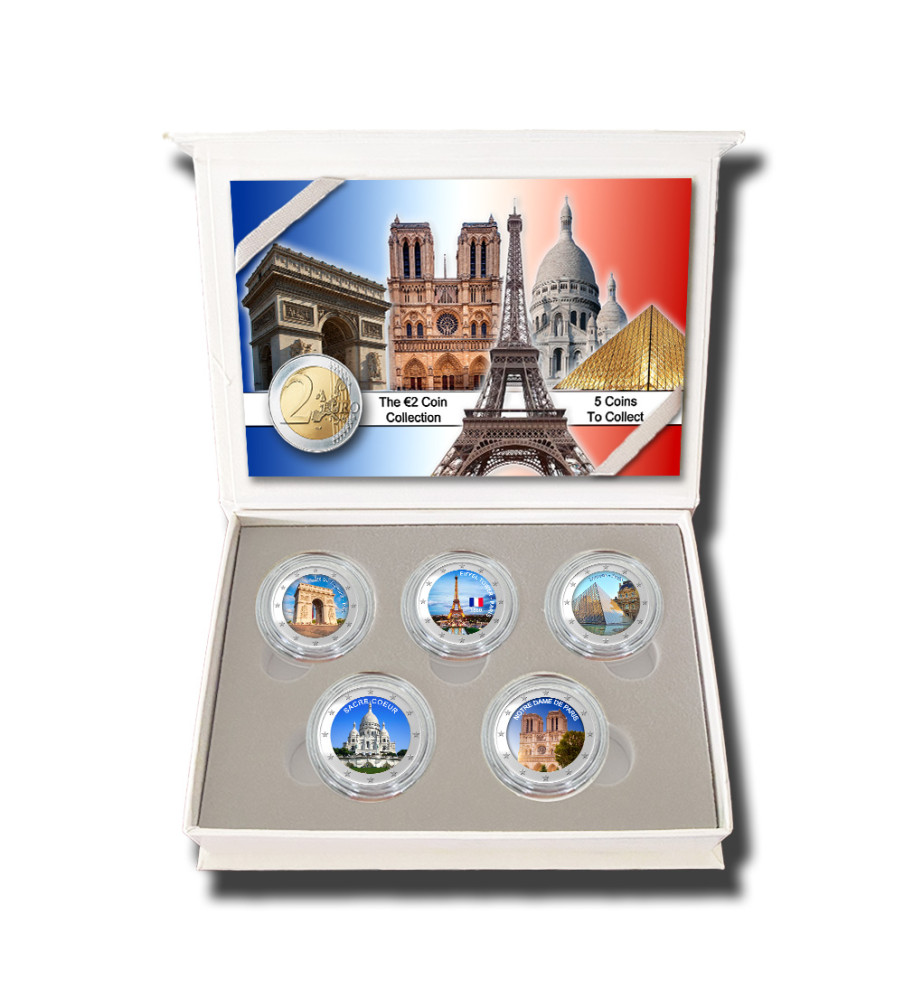 2 Euro Coloured Coin Set of 5 in Presentation Box - Paris Sights France