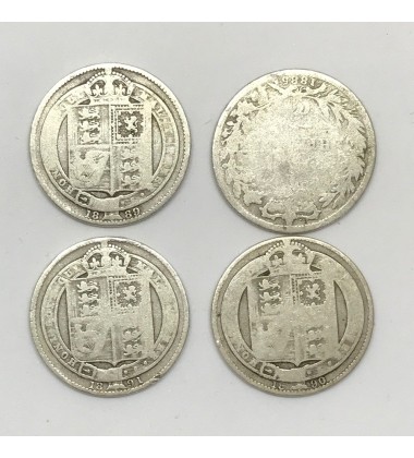 1885 1889 1890 1891 British Silver Shilling Coins Lot Of 4