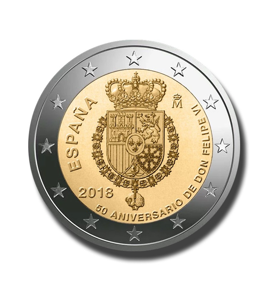 2018 Spain 50th Anniversary King Felipe VI 2 Euro Coin