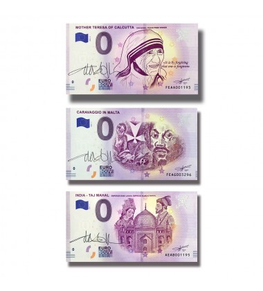 0 EURO SOUVENIR BANKNOTE SET OF 3 SIGNED BANKNOTES MOTHER TERESA CARAVAGGIO TAJ MAHAL