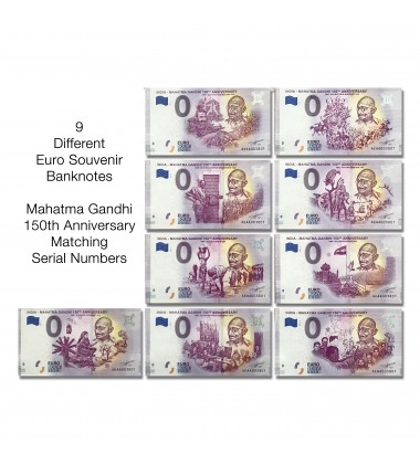 0 Euro Souvenir Banknotes Gandhi India AEAA 2020-4 to 2020-12 (9 pcs)