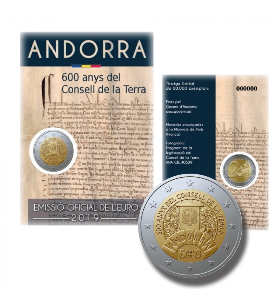 2019 ANDORRA 600 YEARS CONCELL DE LA TERRA 2 EURO COMMEMORATIVE COIN