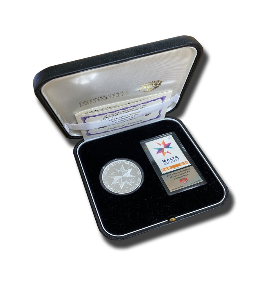 2017 Malta Presidency EU Council €10 Silver Coin Proof And Silver Stamp