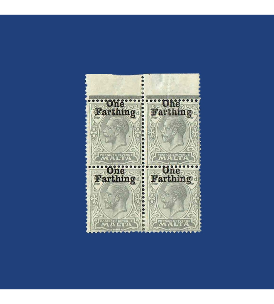 MALTA VARIETY STAMP KGV HIGH PRINTING OF OVERPRINT "ONE FARTHING" THUS