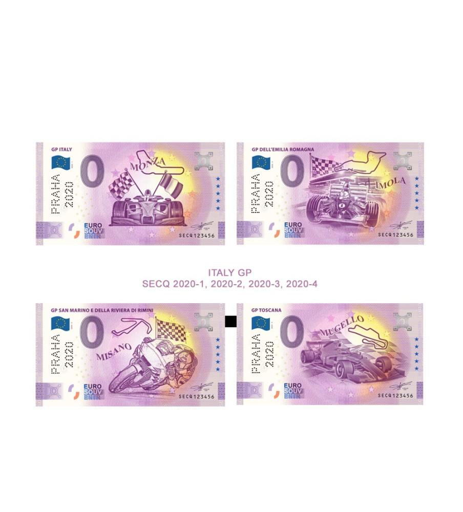 0 Euro Souvenir Banknote Thematic GP Perforated Praha 2020 Italy Set of 4 SECQ 2020