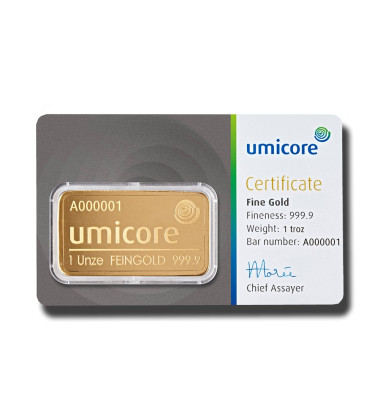 Umicore Fine Gold Ingot Bar 1 Oz Ounce Unze Finesse 999.9 LBMA Good Delivery