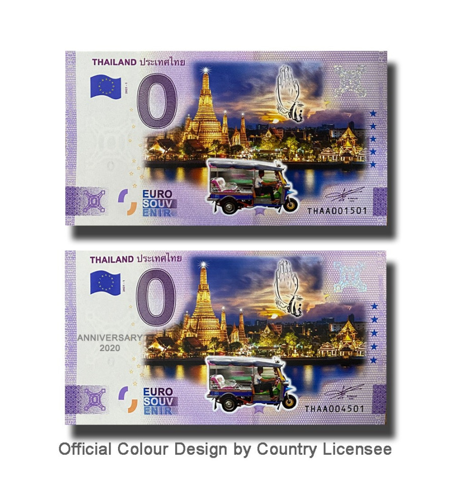 0 Euro Souvenir Banknotes Tematic Thailand Set of 2 Matching Numbers Colour THAA 2021-1`