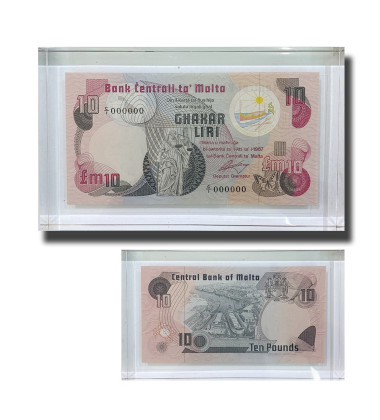 1979 Malta Lm10 Banknote UNC in perspex C/1 000000 Signed Spiteri RARE