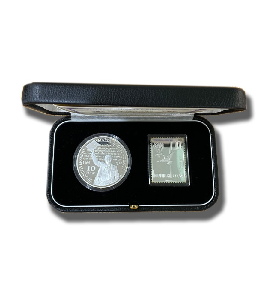 1964-2014 Malta 50th Anniversary Independence €10 Silver Coin Proof and Silver Stamp