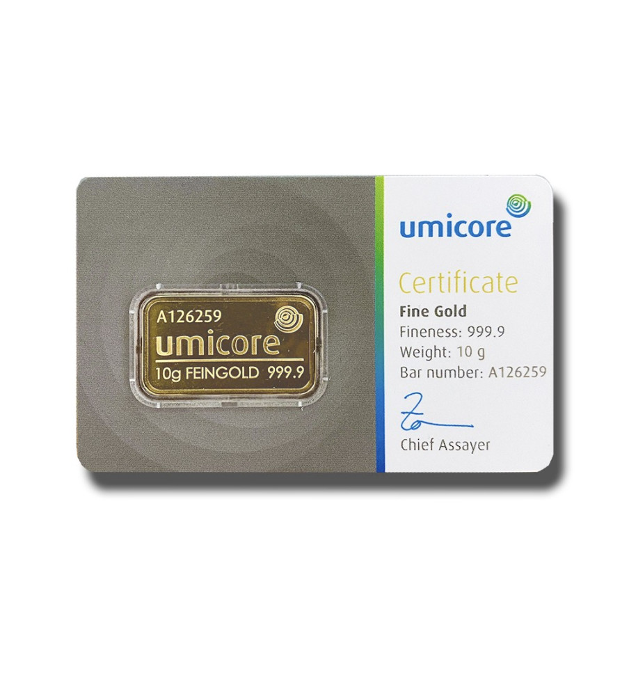 Umicore Fine Bullion Gold Ingot Bar 10 grams Finesse 999.9 LBMA Good Delivery