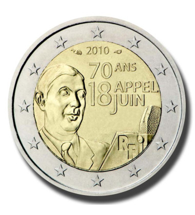 2010 France 70th Anniversary of the Appeal of June 18 by General de Gaulle 2 Euro Coin