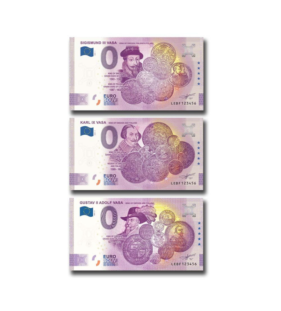 0 Euro Souvenir Banknote Suomi Thematic King of Sweden and Finland Matching Numbers Set of 3 LEBF 2020 - 1, 2, 3